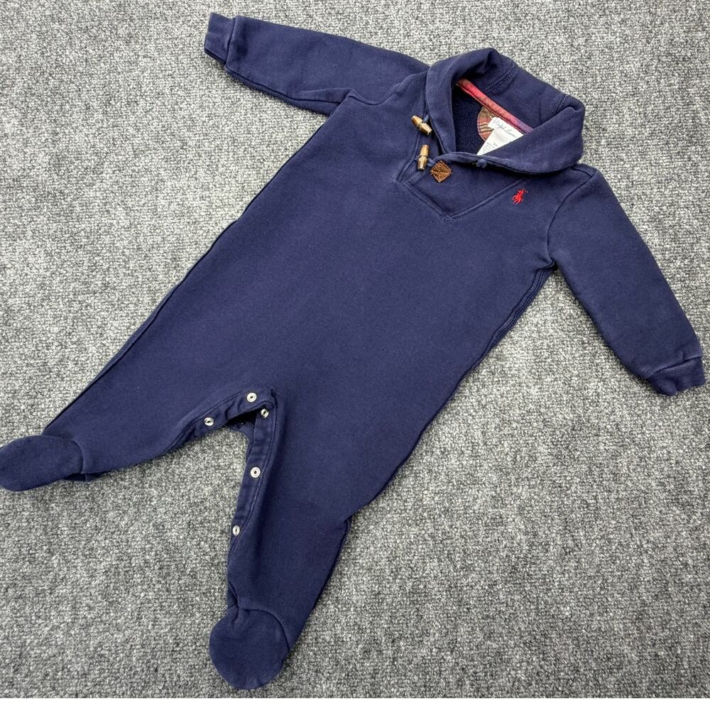 Ralph Lauren Baby Romper 9M Navy Shawl Collar Footed One Piece Pony Logo